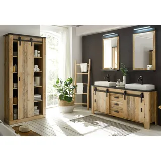 Badmöbel Set "Stove" in Used Wood hell und anthrazit mit 2x Waschbecken und LED - Naturbelassen, Dunkelgrau
