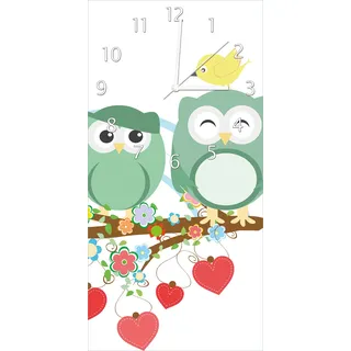 Wallario Design Wanduhr Bunte Eulen mit kleinen Vögeln auf dem Ast aus Echtglas, Größe 30 x 60 cm - Weiß
