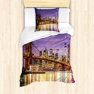 ABAKUHAUS New York Mantele, Broadway-Landschaft NYC, Milbensicher Allergiker geeignet mit Kissenbezügen, 135 cm x 200 cm - 80 x 80 cm, lila, Gelb - Gelb