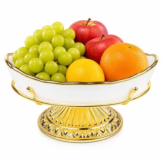 MEESOGA Luxus Obstschale Gold Weiß mit Fuß, Dekorative Keramik Schale, Moderner Obstkorb & Wohnzimmertisch Deko für Küche Esszimmer, Elegante Servierschale & Tischdeko für Obst Snacks Süßigkeiten
