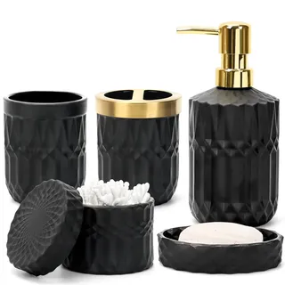 Badezimmer-Set 5-teilig Glas, Schwarz mit Gold, Diamant-Design | Inkl. Lotionspender, Seifenschale, Zahnbürstenhalter, Becher und Glas. Matt mit Goldakzenten, Vintage-Design