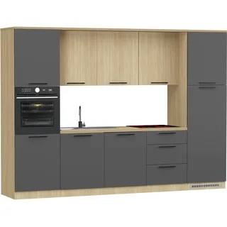 Küchenzeile KOCHSTATION "KS-Luna, Einbauküche, Zeilenküche, Küchenblock", küche: grau, front: anthrazit, eiche chopinfarben, korpus: eiche chopinfarben, arbeitsplatte: eiche chopinfarben, B:300cm H:214,5cm T:60cm, Komplettküchen-Sets, Küchenzeile, Breite 300 cm, wahlweise mit Hanseatic-E-Geräten, APL 35mm stark