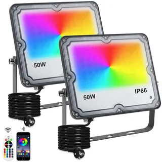 Indmird RGB Strahler 50W RGB LED Strahler Außen mit Bluetooth APP Steuerung IP66 Wasserdich Außenstrahler Smart RGBW Farbwechsel Dimmbar Flutlichtstrahler Stimmungslicht für Garten Party Bühnen