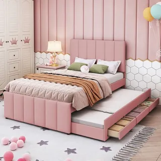 Flieks Polsterbett mit Unterbett, Einzelbett Jugendbett mit Lattenrost und Schubladen, Kinderbett Holzbett Gästebett Tagesbett 90x200/90x190cm, Leinen - Rosa