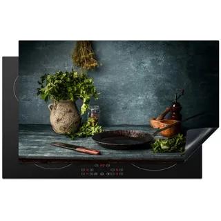MuchoWow Herdabdeckplatte Kräuter - Gewürze - Pfanne - Messer - Grau - Rustikal 85x52 cm , Petrol , Kunststoff , Rechteckig , 85x52x0.2 cm , Made in Europe , Küchen, Küchenelektrogeräte, Herde, Herdabdeckplatten