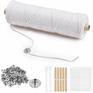 VABNEER Kerzendochte für Kerzen, 1 Rolle 100m Geflochtene Dochte mit 100 Stück Kerzendochthalter für Kerzen Flachdocht aus Baumwolle für DIY Kerzenherstellung Max 1 3/4 Zoll Durchmesser