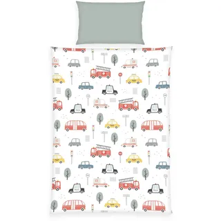 Herding babybest Flanell-Bettwäsche-Set, Fahrzeuge, Kopfkissenbezug 40 x 60 cm, Bettbezug 100 x 135 cm, 100% Baumwolle/Flanell, Grün
