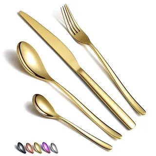 HOMQUEN 24 Stück Gold Besteck Set, GoldBesteckset aus Edelstahl, GoldTitanbeschichtung, Utensiliensets Service-Set für 6 (Gold Glänzend)