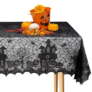 ACTOYS Halloween Tischdecke Spinnennetz, Halloween Tischdecke Spitze Deko,Tischdecke mit Spukhaus Schloss,135 x 175 cm Schloss Horror Tischtuch Dekoration Halloween Party-Dekoration