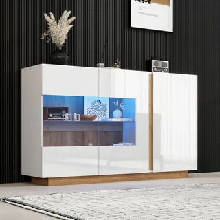 okwish Sideboard Hochglanz Kommode, Kommode Schrank, Flurschrank weiße Spanplatte mit Glas, Holzsockel,  138*38*90,5cm - Weiß
