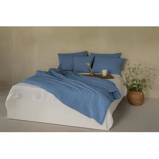 Ger3as Leinen Bettwäsche Set 100% Natur Leinen Stonewashed, Naturfaser, mit Hotelverschluss (Blau, 155 x 220 cm, 40 x 80 cm)