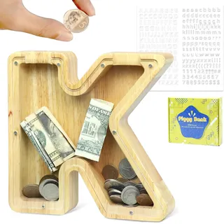 LEcylankEr Spardose Kinder Personalisierte A-Z Alphabet Sparbüchse Holz Spardose Dekoration Kreative groß Sparschwein als Geschenke für Geburtstag, Weihnachten und Thanksgiving (K)