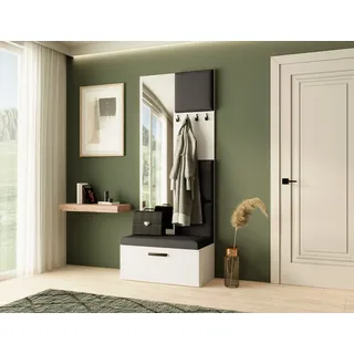 Garderobe MARGARET III, Farbe: Weiß + Schwarz, mit gepolsterten Paneelen, Spiegel und Kleiderhaken - Weiß, Schwarz