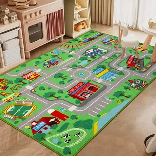 Capslpad Kinderteppich 100x160cm rutschfest Stadtplan Spielteppich Pädagogischer Spielteppich Maschinenwaschbar Kurzer Flor Autoteppich Kinder für Kinderzimmer Schlafzimmer Spielzimme Grün