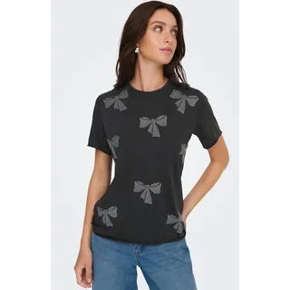 Kurzarmshirt ONLY "ONLLUCY LIFE S/S O-NECK TOP CC JRS", Damen, Gr. S, schwarz detail:bows, Jersey, Obermaterial: 100% Baumwolle, bedruckt, regular fit, Rundhals, Shirts Kurzarmshirt