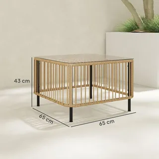 Polyrattan Gartentisch, 65 x 65 x 43 cm, wetterfest Beistelltisch quadrarischer Terrassentisch mit Glasplatte Couchtisch Balkontisch Gartenmöbel für Garten, Terrasse, Balkon Naturholz Aosom