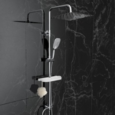 Görbach Regendusche Duschset ohne Armatur mit Ablage, Edelstahl Duschsystem mit Duschregal, Duschstange, Kopfbrause 30x30cm Chrom