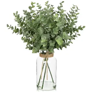 Unyqoos® Künstliche Eukalyptuszweige in Glasvase – Deko‐Pflanze 35 cm (Vase 16 cm), Seidenblätter & Kunststoffstiele, pflegeleicht für Wohnbereich und Büro - Grün