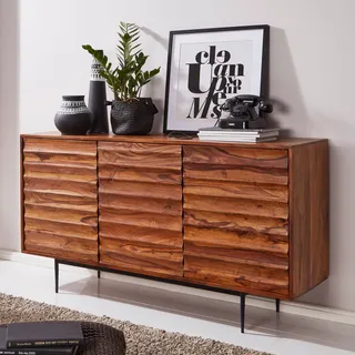 Massivholz Sideboard 150cm Sheesham Kommode mit 3 Türen 3D Design Metall schwarz - Braun