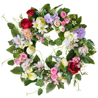 Frühlingskranz für die Haustür, 40 cm Sommerkranz, Großer Künstlicher Türkranz, Frühlings Bunter Blumen Kranz mit Grünen Blättern für Haustür, Außen, Fensterdekoration