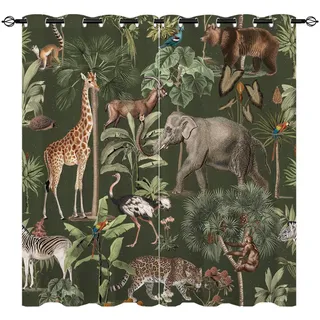 YUANZU Safari Wild Tier Vorhänge Bär Giraffe Dschungel Ösen Gardinen mit Blickdichte Vorhang Kälteschutz Blackout Curtain Kinderzimmer Schlafzimmer Verdunkelung Fenster, 2 Stück, H 160 x B 132 cm