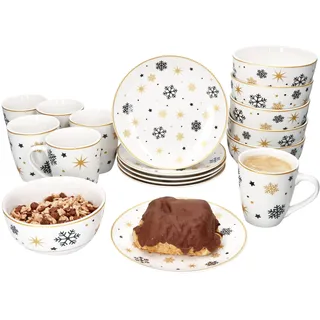 MamboCat Stars schwarz & Gold 18tlg Frühstücksset I Je 6X kleine Frühstücksteller, Müslischale & Kaffeebecher für 6 Personen mit Sternen & Schneeflocken I Weihnachten