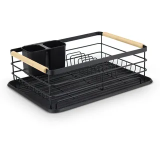 Massido Abtropfgestell Geschirr Geschirrabtropfgestell 43 x 32 x 14 cm Geschirrständer Holzgriffe Besteckhalter Seifenspender Schwarz