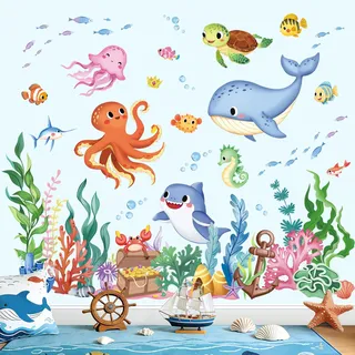wondever Wandtattoo Meer Fisch Wandaufkleber Meerestiere Ozean Oktopus Seetang Gras Wandsticker Unterwasserwelt Wanddeko für Babyzimmer Kinderzimmer Badezimmer