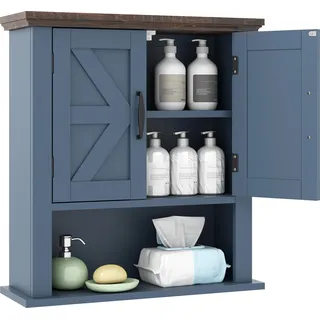 COSTWAY Badezimmerschrank hängend, Hängeschrank mit Ablagen, Türen & offenem Aufbewahrungsfach, Wandschrank, Küchenschrank, Blau - Blau