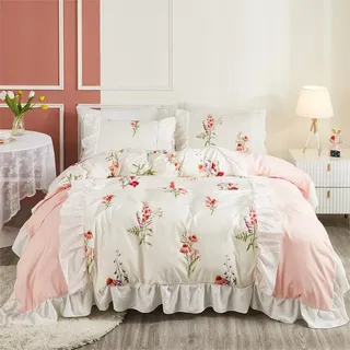 Freyamy Rüschen Bettwäsche 200x200cm 3teilig Weiß Rosa Blumen Wendebettwäsche Microfaser Weiche Bettwaren-Sets Romantisch Mädchen Bettbezug mit Reißverschluss und 2 Kissenbezug 80x80cm