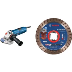 Bosch Professional Winkelschleifer GWS 13-125 + 1x EXPERT MultiMaterial X-LOCK Diamanttrennscheibe (für Beton, Ziegelsteine, Weichgestein, Dachziegeln, Ø125x22,23 mm)