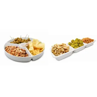 NERTHUS FIH 333 Snack-Teller, Porzellan, Weiß, 19.5 x 19.5 x 3.5 cm & 1 Porzellanteller mit 3 rechteckigen Abteilungen FIH 521