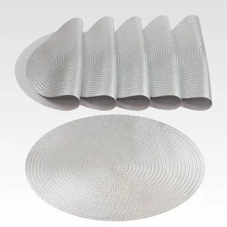 AGYO 6er Set Tischsets rund geflochten Ø 38 cm - Platzsets aus PP Silber, rutschfest, abwaschbar und rollbar - Elegantes Design für Tisch, Küche und Outdoor