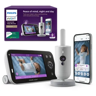 Philips AVENT Premium Connected Babyphone mit Kamera, das bisher Beste Babyphone, Schlaf- und Atmungs-Tracking mit KI, Schrei-Interpretation, DEKRA Zertifiziert privat und sicher, SCD973/26