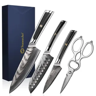 Sunnecko 4PCS Damastmesser Küchenmesser Set Profi Messer Set - 4 Teilig Damast Messer Scheren Kochmesser Messerset Damaszener Stahl Küchenmesser Küchenschere Set Kitchen Knife Set für Küche