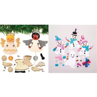 Baker Ross AX386 Engel Puppendekorationen aus Holz Bastelset für Kinder - 4 Stück & AT160 Weihnachtskugeln Mix & Match Schneemann (6 Stück) Christbaumschmuck Bastelset für Kinder, Sortiert