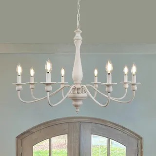 KMaiPem Kronleuchter Vintage Weiß, 8 Lichter Modern Landhaus Holz Hängelampe Wohnzimmer, Höhenverstellbarer Rustikal Bauernhaus Weiss Pendelleuchte für Schlafzimmer, Küche, Esszimmer, Flur