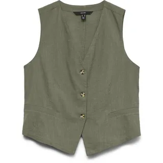 Kurzweste VERO MODA "VMCAIA SL VEST WVN NOOS", Damen, Gr. M, deep lichen grün, Web, Obermaterial: 90% Baumwolle, 10% Leinen, unifarben, normal, V-Ausschnitt, Westen Kurzweste, Baumwolle mit Leinen, figurbetonte Form