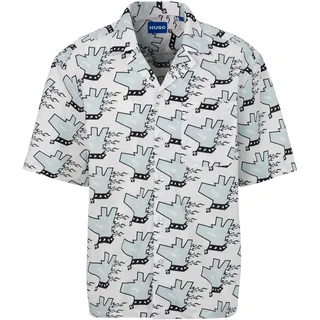 Kurzarmhemd HUGO BLUE "Eligino", Herren, Gr. M, N-Gr, weiß (weiß100), Web, Obermaterial: 100% Baumwolle, gemustert, regular fit, V-Ausschnitt, weit eingefasste Kante, Hemden Kurzarmhemd, mit allover Print, HUGO Doggo, Dogprint