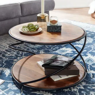 FineBuy Couchtisch Sheesham Massivholz rund Ø 58 cm mit Ablage, Wohnzimmertisch aus Echtholz & Metallgestell, Handgefertigter Design Tisch - Braun