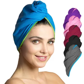 Fit-Flip Haarturban aus Mikrofaser - 1 Stück Haarhandtuch mit Knopf - schnelltrocknend und saugstark - Turban Handtuch für Haare (blau-grün)
