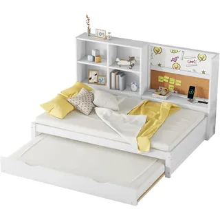 Stauraumbett mit Lattenrost, Regal und Gästebett (90x200 cm), Einzelbett, Kinderbett, Holzbett, Kiefer - Weiß