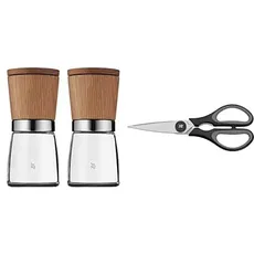 WMF Ceramill Nature Salz und Pfeffer Mühle Set 2-teilig, unbefüllt, für Salz, Pfeffer, Chilli, Salzmühle, Pfeffermühle Holz, Keramikmahlwerk & Touch Küchenschere 21 cm, mit Sägeschliff, schwarz