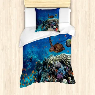 ABAKUHAUS Fisch Mantele, Tropical Turtle Wasser, Milbensicher Allergiker geeignet mit Kissenbezügen, 135 cm x 200 cm - 80 x 80 cm, Mehrfarbig