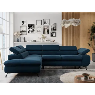 Ecksofa Sofa Blau, Wohnlandschaft L-Form mit Schlaffunktion und Bettkasten, Schlafsofa mit Bettkasten, Sofa mit Einstellbare Kopfstützen, Peter L - Dunkelblau Velvet - Links Blau - Blau