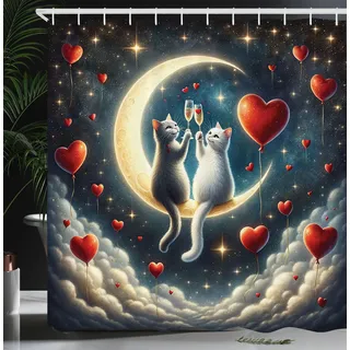 ABAKUHAUS Katze Duschvorhang, Anstoßende Champagner Kätzchen Romantisches Date Halbmond Herzballons, Stoffliches Gewebe Badezimmerdekorationsset mit Haken, 175 x 200 cm, Dunkelblaue Nacht Verilion