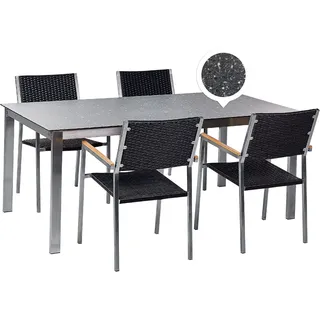 BELIANI Gartenmöbel Set 7-Teilig Schwarz Edelstahl 4 Stühle Rattan Tisch 180x90cm Sicherheitsglas Keramik Gartenausstattung Terrasse Outdoor Indoor - Schwarz, Silber