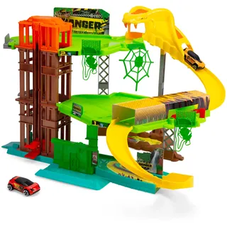 Dickie Toys - Auto-Rennbahn Jungle Garage (50x55x32 cm) inkl. Spielzeugauto aus Metall - Parkhaus auf 3 Etagen mit Aufzug und Tunnel, Spielzeug-Autobahn für Kinder ab 3 Jahre
