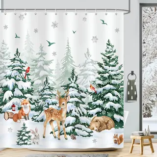 COZZSNUGE Duschvorhang 180 x 180 cm Weihnachten Baum, Winter Wald Rentier Bär Fuchs Kiefern Duschvorhänge Anti-schimmel Wasserdicht Polyester Stoff Badvorhang mit 12 Duschvorhangringen