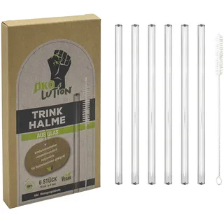 Ökolution TRINKHALME aus Glas, 6 Stück, Länge 15 cm, wiederverwendbar und umweltfreundlich, mit praktischer Reinigungsbürste, Ø ca. 10 mm, nachhaltige FSC-Kartonverpackung